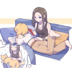2girls animalization bang_dream! barefoot belt black_shirt blonde_hair blue_eyes blue_pants bracelet brown_belt brown_hair brown_pants cellphone closed_eyes closed_mouth collarbone commentary couch cropped_legs cropped_shirt cushion dog dot_mouth elbow_rest facing_object fingernails green_shirt hand_on_another&#039;s_back hand_rest hand_up highres holding holding_phone image_in_thought_bubble jewelry legs_up long_hair long_sidelocks looking_at_object lying lying_on_lap manga_(object) midriff motion_lines multiple_girls off-shoulder_shirt off_shoulder on_couch on_stomach pants pendant phone sato_masuki shirt shirt_under_shirt short_hair short_sleeves sidelocks single_off_shoulder sitting sleeveless sleeveless_shirt smartphone speech_bubble tail tail_wagging thought_bubble twitter_username umaa42 wakana_rei yellow_dog