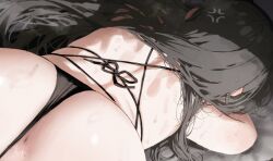 1girl all_fours anger_vein anus ass back bikini bikini_bottom_aside black_bikini black_hair breath clothing_aside commentary cowboy_shot cropped from_behind highres long_hair mochirong mole mole_on_ass original paid_reward_available solo string_bikini sweat swimsuit top-down_bottom-up wedgie