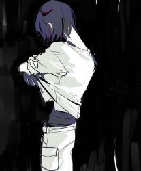 1boy black_background blue_hair cowboy_shot from_side gamdol_1 gloves gundam gundam_gquuuuuux highres male_focus pants shirt short_hair shuji_ito solo undressing white_shirt
