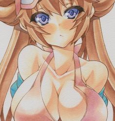10s 1girl :&lt; bad_id bad_pixiv_id bikini bikini_top_only blue_eyes blush breast_hold breasts brown_hair cleavage creatures_(company) double_bun female_focus frown game_freak hair_bun hat large_breasts long_hair marker_(medium) mechanical_pencil millipen_(medium) nintendo pen_(medium) pencil pink_bikini pokemon pokemon_bw2 rosa_(pokemon) shirt_slip simple_background solo swimsuit traditional_media twintails very_long_hair white_background yutakasan-love