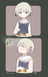 Rule 34 | 1girl, alternate costume, alternate hairstyle, blue dress, blue eyes, blush, bug, butterfly, closed mouth, commentary request, dress, food, fork, fujii rino, grey hair, hair between eyes, hair ribbon, highres, holding, holding fork, insect, kantai collection, multiple views, plate, ribbon, short hair, signature, simple background, sleeveless, sleeveless dress, twitter username, two side up, upper body, z1 leberecht maass (kancolle)