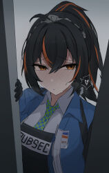 1girl absurdres black_gloves black_hair blue_jacket blush checkered_necktie doorway gloves heart highres jacket looking_to_the_side metal_hairband multicolored_hair namikare necktie police police_uniform policewoman ponytail pov_doorway red_eyes red_hair shirt solo spoken_heart streaked_hair sweatdrop upper_body white_shirt zenless_zone_zero zhu_yuan