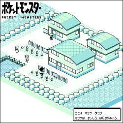 1990s_(style) 2boys 3d bad_id bad_pixiv_id blue_oak blue_oak_(pokemon_rgby) building copyright_name daisy_oak green_theme hat isometric kow_(torakow) lowres map monochrome multiple_boys nintendo pallet_town pixel_art pokemon pokemon_rgby red_(pokemon) retro_artstyle professor_oak town translation_request water