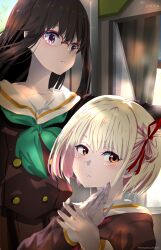 2girls absurdres black_hair blonde_hair brown_serafuku brown_shirt brown_skirt closed_mouth commentary_request cosplay glasses green_neckerchief hair_ribbon hands_up hibike!_euphonium highres indoors inoue_takina kitauji_high_school_uniform long_hair lycoris_recoil multiple_girls neckerchief nishikigi_chisato one_side_up orange_eyes over-rim_eyewear purple_eyes red-framed_eyewear red_neckerchief red_ribbon ribbon sailor_collar school_uniform semi-rimless_eyewear sengoku_chidori serafuku shirt short_hair sidelocks skirt tanaka_asuka tanaka_asuka_(cosplay) white_sailor_collar