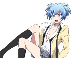 1boy ansatsu_kyoushitsu black_necktie black_socks blue_eyes blue_hair blush cardigan collarbone collared_shirt crossdressing feet_out_of_frame grey_skirt hair_between_eyes kneehighs knees_up korean_text kunugigaoka_middle_school_uniform long_sleeves male_focus messy_hair miniskirt necktie open_mouth pectoral_cleavage pectorals pleated_skirt rectangular_mouth school_uniform sharp_teeth shiota_nagisa shirt short_twintails simple_background sitting skirt socks sweat teeth trap twintails unbuttoned unbuttoned_shirt undone_necktie v-shaped_eyebrows white_background white_shirt wide-eyed yellow_cardigan yur11