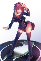 1girl arm_up black_dress black_shoes black_thighhighs bow bowtie chaos;child dress female_focus full_body grin head_tilt leaning_forward loafers onoe_serika pleated_dress red_bow red_bowtie red_eyes red_hair sailor_collar school_uniform shoes short_dress short_hair_with_long_locks sidelocks simple_background smile solo thighhighs white_background white_sailor_collar yomituki_mb