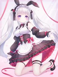 1girl animal_ears apron bare_shoulders black_bow black_dress black_ribbon blush bow bowtie breasts center_frills closed_mouth detached_collar detached_sleeves dress fake_animal_ears frilled_apron frilled_dress frilled_skirt frills full_body hair_ornament hair_ribbon high_heels highres lolita_fashion long_hair long_sleeves looking_at_viewer maid maid_headdress mary_janes medium_breasts original parted_lips puffy_sleeves purple_eyes rabbit_ears ribbon shirt shoes skirt smile solo tail thigh_strap thighhighs twintails underbust usami_cocoa very_long_hair virtual_youtuber waist_apron white_apron white_hair wrist_cuffs