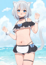 1girl :d absurdres animal_ears apron beach bikini black_bikini black_choker blue_sky blush breasts cat_ears cat_girl cat_tail choker cloud commentary_request day frilled_bikini frills grey_hair heart heart_choker highres hinata_(user_rjkt4745) looking_at_viewer maid maid_apron maid_headdress medium_breasts navel navel_piercing ocean open_mouth original outdoors paid_reward_available piercing sky smile solo swimsuit tail thigh_strap twitter_username wrist_cuffs