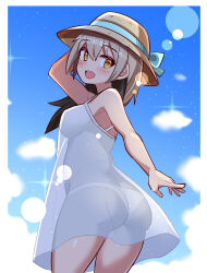 Rule 34 | 1girl, ass, bare shoulders, bikini, bikini bottom only, bikini under clothes, black hair, blush, breasts, brown eyes, cougar (cougar1404), dress, from behind, grey hair, hat, long hair, looking at viewer, looking to the side, medium breasts, multicolored hair, open mouth, original, sideboob, smile, solo, swimsuit