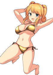 1girl :d barefoot bikini blue_eyes bow breasts cleavage girlfriend_(kari) gold_bikini hair_bow kneeling large_breasts navel open_mouth orange_hair poruporu red_bow sagara_emi simple_background sitting smile swimsuit tagme two_side_up wariza white_background