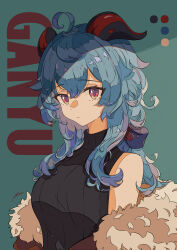 Rule 34 | 1girl, absurdres, ahoge, alternate costume, bare shoulders, black sweater, blue hair, closed mouth, commentary request, dna 3000, ganyu (genshin impact), genshin impact, goat horns, hair ribbon, highres, horns, jacket, ligne claire, long hair, looking at viewer, low ponytail, open clothes, open jacket, ponytail, purple eyes, ribbon, simple background, sleeveless, sleeveless turtleneck, solo, sweater, turtleneck, upper body