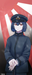 1girl bag1945 blue_hair commentary_request hands_on_hilt hat highres idolmaster idolmaster_shiny_colors imperial_japanese_navy jacket looking_at_viewer military_uniform morino_rinze pale_skin peaked_cap red_eyes rising_sun_flag sakuramon short_hair smile solo sunburst sword weapon