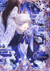 1boy 1girl absurdres animal_ears bite_mark bite_mark_on_hand blue_eyes blue_gemstone blunt_bangs bow brown_hair buttons cake cake_stand cat_boy cat_ears cat_teaser character_name collared_shirt couple crescent dress eyelashes fang fingernails flower food full_moon gem gloves highres holding holding_cat_teaser jacket lapels large_bow long_hair long_sleeves looking_to_the_side love_and_deepspace moon nail_polish parted_lips pearl_(gemstone) protagonist_(love_and_deepspace) purple_bow purple_flower purple_nails rose see-through_clothes see-through_sleeves shirt short_hair snow234 sparkle star_(symbol) teeth tongue vest watermark weibo_watermark white_dress white_flower white_gloves white_hair white_rose white_shirt white_vest xavier_(love_and_deepspace)