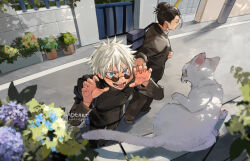 2boys artist_name bag black_hair black_jacket black_pants blue_bag blue_eyes blue_flower blush buttons cat colored_eyelashes commentary dappled_sunlight day english_commentary eyelashes fangs flower flower_pot from_above gate getou_suguru gojou_satoru hair_between_eyes hair_bun hand_on_another&#039;s_shoulder hands_up hydrangea jacket jujutsu_kaisen jujutsu_tech_uniform kadeart long_sleeves male_focus multiple_boys open_mouth outdoors pants plant potted_plant purple_flower road round_eyewear round_teeth school_bag school_uniform shadow short_hair shoulder_bag signature single_hair_bun slice_of_life standing sunglasses sunlight teeth tongue tongue_out v-shaped_eyebrows wall white_hair