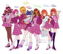 ahoge aisha_(winx_club) alternate_costume ankle_socks aqua_eyes arm_behind_head arms_behind_back asian asymmetrical_hair bad_id bad_twitter_id bag bare_legs black_shoes blazer blonde_hair bloom_(winx_club) blue_bag blue_eyes blue_hair boots bow bowtie brown_eyes brown_hair character_name chocofish closed_mouth clothes_around_waist collared_jacket collared_shirt commentary crest dark-skinned_female dark_bloom_(winx_club) dark_skin english_commentary eyelashes eyeshadow flora_(winx_club) hair_ornament hair_tie hairband hairclip hand_on_own_hip hands_on_own_hips happy heart heart_print height_difference high-waist_skirt high_heels instagram_username jacket jacket_around_waist kneehighs knees lace-up_boots lapels layered_sleeves leg_up legs_apart lipstick long_hair long_sleeves looking_at_another loose_socks makeup medium_skirt messy_hair miniskirt multicolored_hair musa_(winx_club) no_shoes notched_lapels orange_hair partially_unbuttoned pink_boots pink_bow pink_bowtie pink_eyeshadow pink_hair pink_hairband pink_jacket pink_lips pink_shoes pink_skirt pink_socks pink_vest plaid_clothes plaid_skirt pleated_skirt pumps purple_hairband purple_shoes purple_socks purple_thighhighs red_lips school_uniform shirt shoes short_hair sidelocks simple_background skirt smile sneakers socks spiked_hairband spikes standing stella_(winx_club) streaked_hair sweater_vest tan tecna_(winx_club) thighhighs tote_bag twintails twitter_username two-tone_hair unmoving_pattern very_dark_skin vest watermark wavy_hair white_background white_shirt white_socks white_thighhighs winx_club zettai_ryouiki