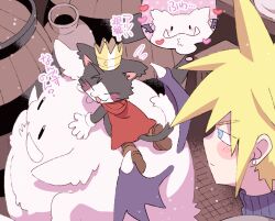Rule 34 | 1boy, :3, animal, armor, barrel, black fur, blonde hair, blue eyes, blue sweater, blush stickers, boots, brown boots, cait sith (final fantasy), cape, cat, closed eyes, clothed animal, cloud strife, commentary request, creature, crown, earrings, expressionless, false smile, final fantasy, final fantasy vii, final fantasy vii remake, flying sweatdrops, from above, gloves, heart, indoors, jar, jewelry, looking back, male focus, minashirazu, mog, multicolored fur, red cape, shoulder armor, smile, solid oval eyes, speech bubble, spoken heart, stud earrings, sweater, thought bubble, translation request, turtleneck, turtleneck sweater, tusks, tuxedo cat, upper body, white fur, white gloves