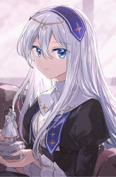 1girl black_dress blue_eyes blue_hairband box capelet circlet closed_mouth cloud couch cross cross_hair_ornament cross_print dress eyes_visible_through_hair frilled_sleeves frills hair_ornament hairband highres holding holding_box indoors jewelry juliet_sleeves kaesmedubu light_particles long_hair long_sleeves music_box necklace nun on_couch project_sekai puffy_sleeves sidelocks sitting smile solo straight_hair sunset turtleneck_capelet upper_body white_capelet white_hair window yoisaki_kanade