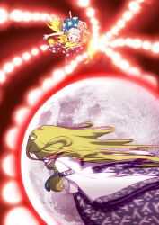 2girls american_flag_dress american_flag_legwear ay606078 bare_shoulders blonde_hair blue_skirt clownpiece commentary_request crazy_eyes crazy_smile danmaku detached_sleeves dress flying frog_hair_ornament glowing glowing_eyes green_hair hair_between_eyes hair_ornament hair_tubes hat highres holding holding_torch jester_cap kochiya_sanae legacy_of_lunatic_kingdom long_hair long_sleeves looking_at_another moon multiple_girls neck_ruff no_shoes nontraditional_miko open_mouth pantyhose polka_dot_headwear pom_pom_(clothes) purple_eyes purple_hat red_fire shirt short_sleeves single_hair_tube skirt sleeveless sleeveless_shirt smile snake_hair_ornament spell_card star_(symbol) star_print striped_clothes striped_dress striped_pantyhose teeth torch touhou wavy_hair white_shirt white_sleeves wide_sleeves
