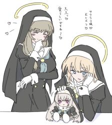 2girls arm_under_breasts black_dress blonde_hair blue_archive blue_eyes blue_neckerchief character_doll closed_eyes closed_mouth coif dress gloves halo heart highres kyoshuyosrmik long_hair long_sleeves multiple_girls neckerchief nun open_mouth purple_eyes sakurako_(blue_archive) simple_background sisterhood_member_(blue_archive) smile translation_request white_background white_gloves yellow_halo