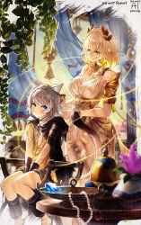 2girls absurdres aged_down aglaea_(honkai:_star_rail) ancient_greek_clothes animal_ears black_gloves blonde_hair blue_eyes breasts cat_ears cat_girl cipher_(honkai:_star_rail) cleavage closed_mouth dress gloves greco-roman_clothes grey_hair highres honkai:_star_rail honkai_(series) laurel_crown looking_at_another minamo_(edosei_edo) multiple_girls short_hair sitting standing white_dress