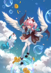 1girl angel_wings aqua_eyes aqua_hair blue_sky bubble chinese_commentary cloud commentary_request crown dress flower hat highres honkai:_star_rail honkai_(series) hyacine_(honkai:_star_rail) impasto little_ica_(honkai:_star_rail) medium_hair multicolored_hair pantyhose red_dress red_hat sky sunflower twintails two-tone_hair white_pantyhose wings xio_lai_haru
