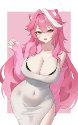 1girl absurdres animal_ears artist_name black_bra blush bra breasts cardigan cleavage collarbone commentary covered_navel dongtan_dress dress eyeshadow fingernails giyeodeo hair_intakes highres hololive hololive_english huge_breasts large_breasts long_hair long_sleeves looking_at_viewer makeup meme_attire multicolored_hair nail_polish open_mouth panther_ears panther_girl pink_background pink_cardigan pink_eyeshadow pink_hair pink_nails raora_panthera ribbed_cardigan single_bare_shoulder sleeves_past_wrists smile solo streaked_hair teeth two-tone_background two-tone_hair underwear upper_teeth_only virtual_youtuber white_background white_dress white_hair yellow_eyes