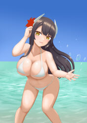absurdres azur_lane bikini black_hair blunt_bangs blush breasts cleavage hair_ornament hand_in_own_hair hiei_(azur_lane) highres horns large_breasts long_hair looking_at_viewer rice_wine_bell_hiei splashing swimsuit water water_drop white_bikini yellow_eyes