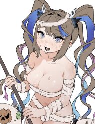 Rule 34 | 1girl, airi kanna, bandaged chest, bandaged torso, bandages, blue eyes, blue hair, blush, breasts, brown hair, dguadraw, dragon horns, halloween, halloween costume, highres, holding, holding stick, horns, large breasts, long hair, looking at viewer, mole, mole on breast, multicolored hair, mummy costume, naked bandage, navel, nose blush, open mouth, purple hair, revealing clothes, smile, solo, stellive, stick, streaked hair, sweat, twintails, very long hair, virtual youtuber