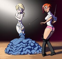 Rule 34 | 2girls, blonde hair, blue dress, blue panties, blush, covering breasts, covering privates, cutting clothes, dress, embarrassed, fencing, gao23, garter belt, holding, holding sword, holding weapon, multiple girls, no bra, non-web source, original, panties, pink panties, polka dot, polka dot panties, red hair, shirt, sword, underwear, weapon, white shirt