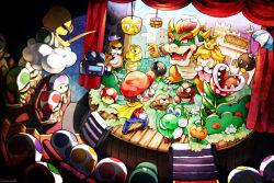 1boy 1girl 6+others ?_block blonde_hair blue_eyes bob-omb bowser brick_block camera cape cape_mario crown curtains facial_hair fire_flower goomba hat koopa_troopa lakitu mario mario_(series) monty_mole multiple_others mustache nintendo parachute pink_hair piranha_plant princess_peach sanaknim stage super_mario_world super_mushroom toad_(mario) yoshi