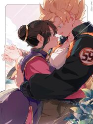 1boy 1girl absurdres black_eyes black_hair black_jacket blonde_hair blue_eyes breasts chi-chi_(dragon_ball) chinese_clothes commentary dragon_ball dragonball_z hair_bun highres holding_hands hug husband_and_wife jacket making-of_available medium_breasts open_mouth pectoral_cleavage pectorals plant roku_(roku_0141) single_hair_bun smile son_goku super_saiyan super_saiyan_1 symbol-only_commentary twitter_username