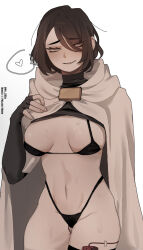 1girl bikini black_bikini blush breasts cloak fingerless_gloves gloves hand_on_own_chest high_collar highres hood hooded_cloak large_breasts library_of_ruina looking_to_the_side midriff moirai_(project_moon) navel ny_000a project_moon sex_toy short_hair simple_background solo speech_bubble sweat swimsuit vibrator white_background