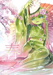 1girl artist_name blue_eyes cherry_blossoms colored_skin fan green_hair green_skin highres japanese_clothes kimono monster_girl nashitoumi parasol slime_girl solo umbrella