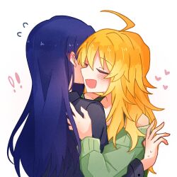 ! !! 2girls ahoge black_shirt blonde_hair blue_hair blush chiwawa174 closed_eyes green_sweater heart highres hoshii_miki hug idolmaster idolmaster_(classic) kisaragi_chihaya long_hair long_sleeves multiple_girls open_mouth shirt simple_background sweater upper_body white_background yuri