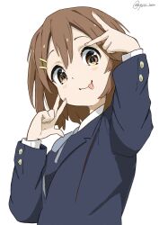 1girl :p blue_jacket brown_hair closed_mouth commentary_request hair_ornament hairclip hands_up highres hirasawa_yui jacket k-on! long_sleeves looking_at_viewer parallel_hairclips sakuragaoka_high_school_uniform school_uniform short_hair simple_background smile solo tongue tongue_out upper_body v w white_background yellow_eyes yuiui_keion