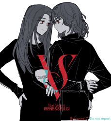 2girls artist_name character_name closed_mouth commentary copyright_name dress english_commentary english_text hand_on_own_hip highres irene_(red_velvet) k-pop long_hair long_sleeves looking_at_another medium_hair moovet17 multiple_girls real_life red_eyes red_velvet_(group) seulgi_(red_velvet) skirt smile spot_color