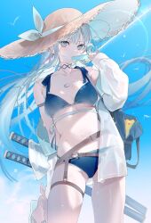 1girl bikini bird blue_bikini blue_eyes blue_sky breasts choker collarbone commentary cowboy_shot day english_commentary food food_in_mouth grey_hair hat highres holding holding_food holding_popsicle leg_up lens_flare long_hair looking_at_viewer miwano_rag multiple_swords navel open_clothes open_shirt original popsicle popsicle_in_mouth sandals scabbard sheath shirt sky small_breasts solo straw_hat swimsuit sword weapon white_shirt wind