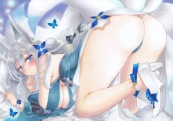 1girl all_fours animal_ear_fluff animal_ears ankle_strap ass azur_lane bare_shoulders blue_butterfly blue_collar blue_dress blue_eyes blue_panties breasts bug butterfly collar dress evening_gown fox_ears fox_girl hair_ornament halter_dress halterneck hanging_breasts high_heels highres insect kitsune kyuubi large_breasts large_tail long_hair looking_at_viewer multiple_tails official_alternate_costume panties shinano_(azur_lane) shinano_(dreams_of_the_hazy_moon)_(azur_lane) shoes solo tail traditional_media uhouhosoiya_go underwear very_long_hair white_hair white_shoes white_tail wrist_flower