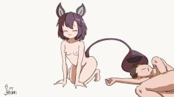 1boy 1girl :3 animal_ears animated belly bent_over breasts ear_wiggle closed_eyes faceless faceless_male fang medium_hair mugennoyume777 nude open_mouth original purple_hair simple_background small_breasts tail tail_vore video vore video white_background