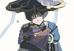 1boy animal animalization arms_at_sides black_bodysuit black_bridal_gauntlets blue_cape blue_gemstone blue_hat blue_sleeves blunt_ends bodysuit bridal_gauntlets bright_pupils cape ce5_ez choppy_bangs closed_mouth dragon eyeliner eyeshadow gem genshin_impact gold grey_eyes hat head_tilt holding holding_animal japanese_clothes jingasa kimono layered_sleeves looking_at_animal lower_eyelashes_only makeup male_focus mini_durin_(dragon)_(genshin_impact) mini_durin_(genshin_impact) one_eye_closed open_clothes open_kimono person_and_animalization pom_pom_(clothes) purple_rope red_eyeliner red_eyeshadow rope scaramouche_(genshin_impact) short_sleeves shoulder_peek sketch small_dragon smile tsurime wanderer_(genshin_impact) white_background white_kimono white_pupils white_sleeves