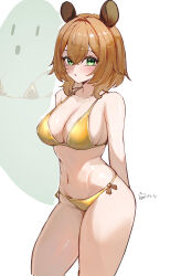 1girl absurdres animal_ears artist_name bare_shoulders bikini blush breasts brown_hair cleavage collarbone commentary english_commentary green_eyes hair_between_eyes highres indie_virtual_youtuber large_breasts looking_at_viewer medium_hair naplings_(nimi_nightmare) navel nimi_nightmare open_mouth psypolo_d side-tie_bikini_bottom solo stomach swimsuit tapir_ears tapir_girl thighs virtual_youtuber yellow_bikini