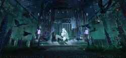 Rule 34 | 1boy, 6890390145, aotsuki eito, bird, birdcage, black gloves, cage, chinese commentary, closed eyes, crescent moon, crow, flower, full moon, gibbous moon, glasses, gloves, grey hair, highres, jacket, lavender (flower), lock, luxembourgish text, moon, moon phases, night, red petals, scenery, short hair, solo, the hundred line -last defense academy-, white jacket