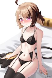 1girl :3 ahoge artist_name black_bra black_panties black_thighhighs blush bra breasts brown_hair commentary fang garter_belt garter_straps gigi_murin grem_(gigi_murin) highres hololive hololive_english lace lace-trimmed_bra lace-trimmed_panties lace_trim multicolored_hair nail_polish navel nose_blush on_bed panties pink_eyes pyrokuro short_twintails simple_background sitting small_breasts solo tail thighhighs twintails two-tone_hair underwear virtual_youtuber white_background yellow_nails