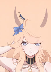 1girl absurdres arm_up armpits bare_shoulders black_choker blonde_hair blue_bow blue_eyes bow chahiro choker commentary_request ear_bow ear_ornament gold_city_(umamusume) gold_necklace highres jewelry long_hair looking_at_viewer necklace parted_lips sidelocks smile solo umamusume upper_body