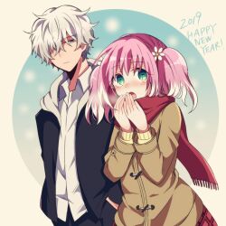 Rule 34 | 1boy, 1girl, 2019, black jacket, blush, brown coat, closed mouth, coat, collared shirt, colored tips, dress shirt, flower, green eyes, hair flower, hair ornament, hair over one eye, hand in pocket, happy new year, hiiragi nana, jacket, long hair, long sleeves, multicolored hair, munou na nana, new year, onodera kyouya, open clothes, open jacket, open mouth, pink hair, plaid clothes, plaid skirt, red scarf, red skirt, scarf, shirt, short hair, skirt, standing, sweater, twintails, two-tone hair, white flower, white hair, white shirt, wing collar, winter, yellow sweater, yukisa