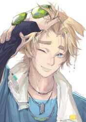 1boy 1other absurdres animal_ears arknights black_sleeves blonde_hair blue_eyes blue_shirt chinese_commentary commentary_request dog_boy dog_ears dog_tags eyewear_on_head green-tinted_eyewear hand_on_another&#039;s_head hand_up highres holding_another&#039;s_wrist jewelry looking_at_viewer male_focus meiyou841 messy_hair multiple_necklaces necklace one_eye_closed shirt smile solo_focus sunglasses teeth tequila_(arknights) thick_eyebrows tinted_eyewear towel towel_around_neck water water_drop watermark wet wet_face wet_hair white_background