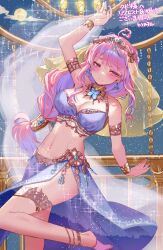1girl absurdres arabian_clothes armlet balcony bare_shoulders blush bracer breasts brooch butterfly_brooch cleavage closed_mouth dancer dancing diffraction_spikes earrings feet_out_of_frame gold_trim harem_outfit highres hikari_no jewelry large_breasts leaning_back lipstick long_hair looking_to_the_side low-tied_long_hair low_ponytail makeup midriff navel night night_sky ponytail powari_poachi purple_eyes purple_hair ring sky smile solo standing standing_on_one_leg swept_bangs thighlet veil virtual_youtuber wactor_production