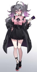 absurdres ahoge all_in_abyss:_judge_the_fake asuha_senahara belt wallet_chain black_nails breasts card choker coat colored_tips commission commissioner_upload crossed_bangs frilled_shirt_collar frilled_skirt frills full_body fur-trimmed_coat fur_trim hair_ornament hair_ribbon highres holding holding_card jacket long_bangs long_hair looking_at_viewer multicolored_hair multiple_belts non-web_source off_shoulder official_art open_clothes open_jacket pink_eyes pink_hair ribbon shoes skirt small_breasts sneakers thighs twintails two-tone_hair wayanfa white_background white_hair