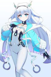 1girl absurdres black_gloves blue_jacket blunt_ends bodysuit breasts covered_navel eudie_(shadowverse) gloves highres jacket long_hair long_sleeves looking_at_viewer maruq_2826 open_clothes open_jacket shadowverse:_worlds_beyond small_breasts solo very_long_hair white_bodysuit white_hair