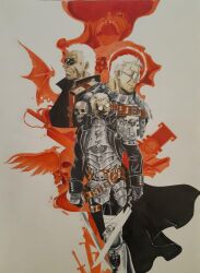1boy alexander_anderson armor aurionreddit bayonet belt black_cape black_coat blonde_hair brown_belt cape coat crossed_swords crossover glasses hellsing highres holding holding_weapon imperium_of_man inquisition_(warhammer) male_focus multiple_views pauldrons roman_numeral short_hair shoulder_armor skull_ornament smile sword warhammer_40k weapon white_background